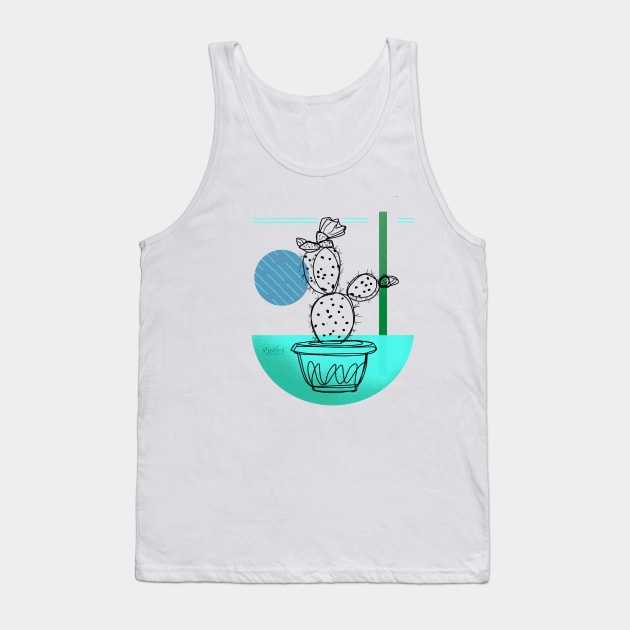 Green blue cactus Line Art Tank Top by MoTekent